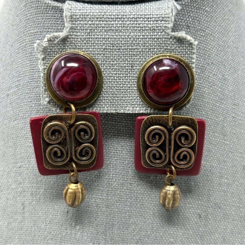 Boho Red Swirl Stud Dangle Earrings with Bronze Swirl Knotted Design Unique